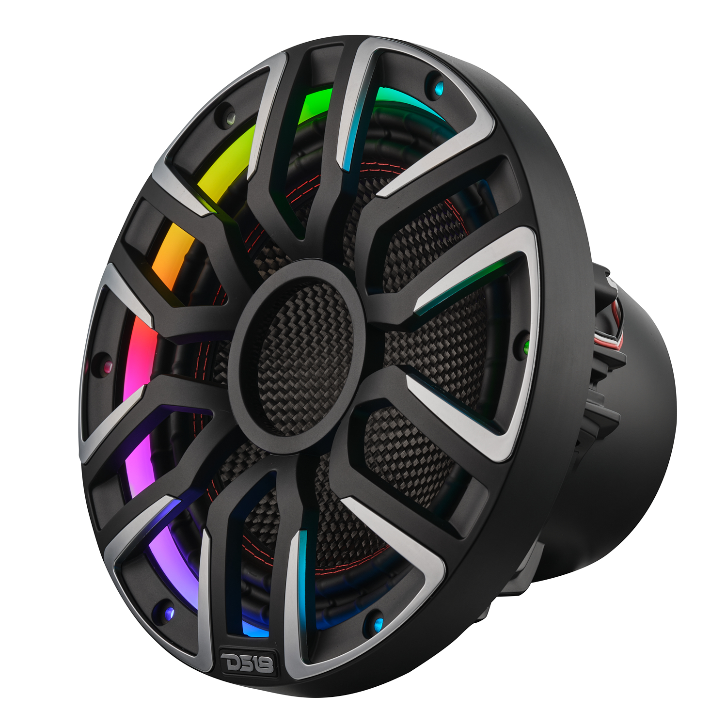 NEODYMIUM CARBON FIBER MARINE SUBWOOFERS WITH DIGITAL LED LIGHTS AND SILICONE COVERS - 10" | IP65 Rating | 600 RMS | 3" SVC 4ohm | Black