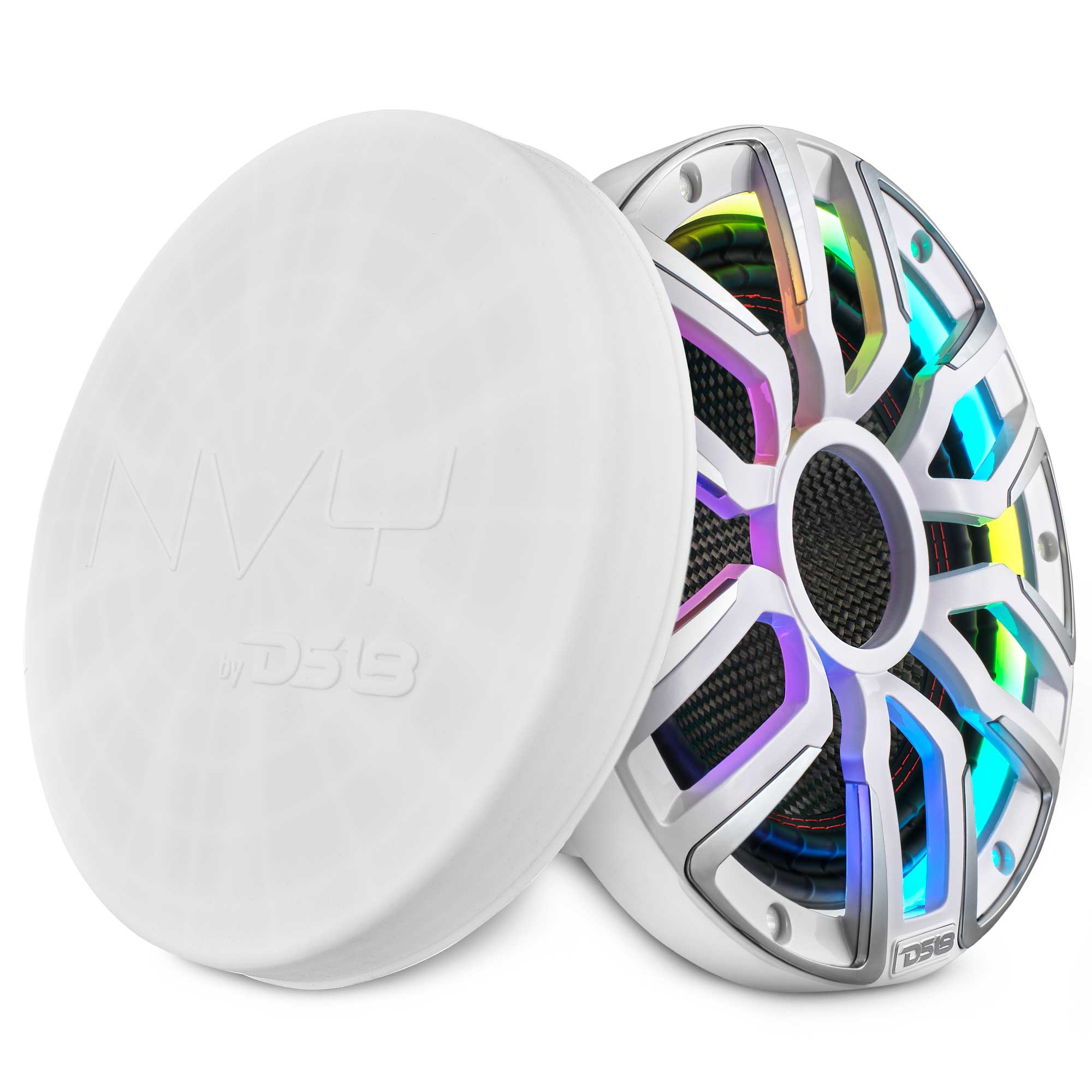 NEODYMIUM CARBON FIBER MARINE SUBWOOFERS WITH DIGITAL LED LIGHTS AND SILICONE COVERS - 10" | IP65 Rating | 600 RMS | 3" SVC 4Ohm | White