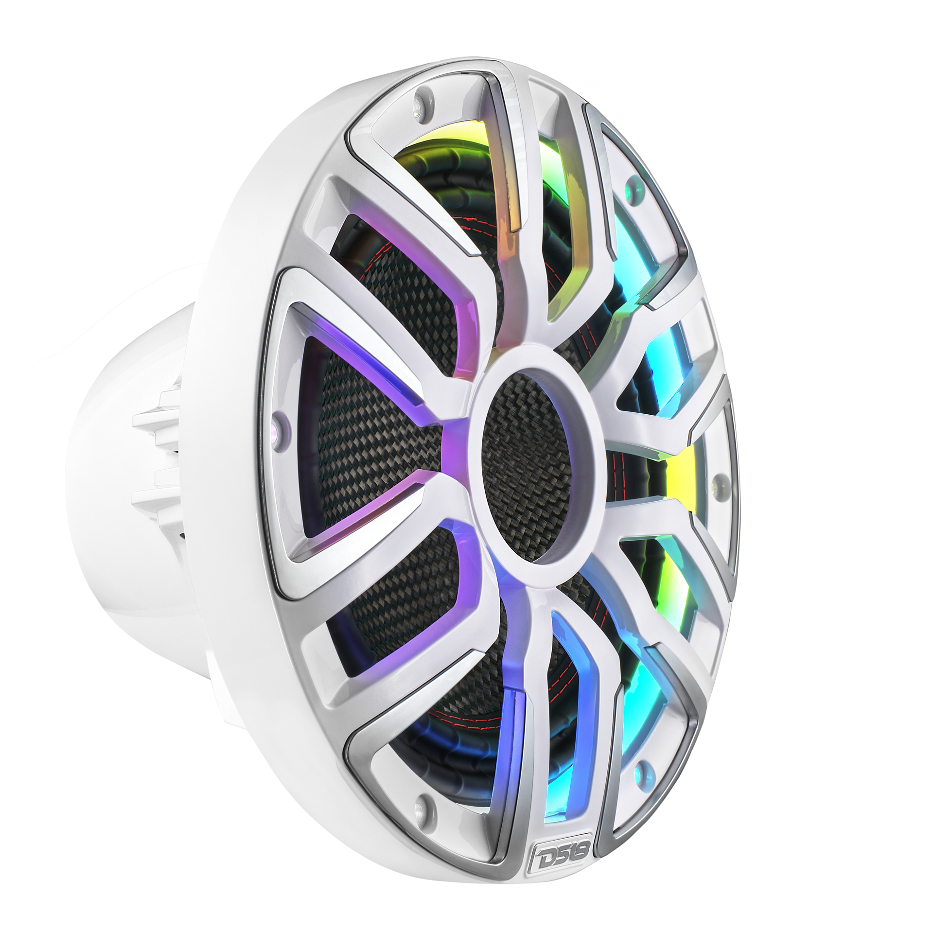 NEODYMIUM CARBON FIBER MARINE SUBWOOFERS WITH DIGITAL LED LIGHTS AND SILICONE COVERS - 10" | IP65 Rating | 600 RMS | 3" SVC 4Ohm | White