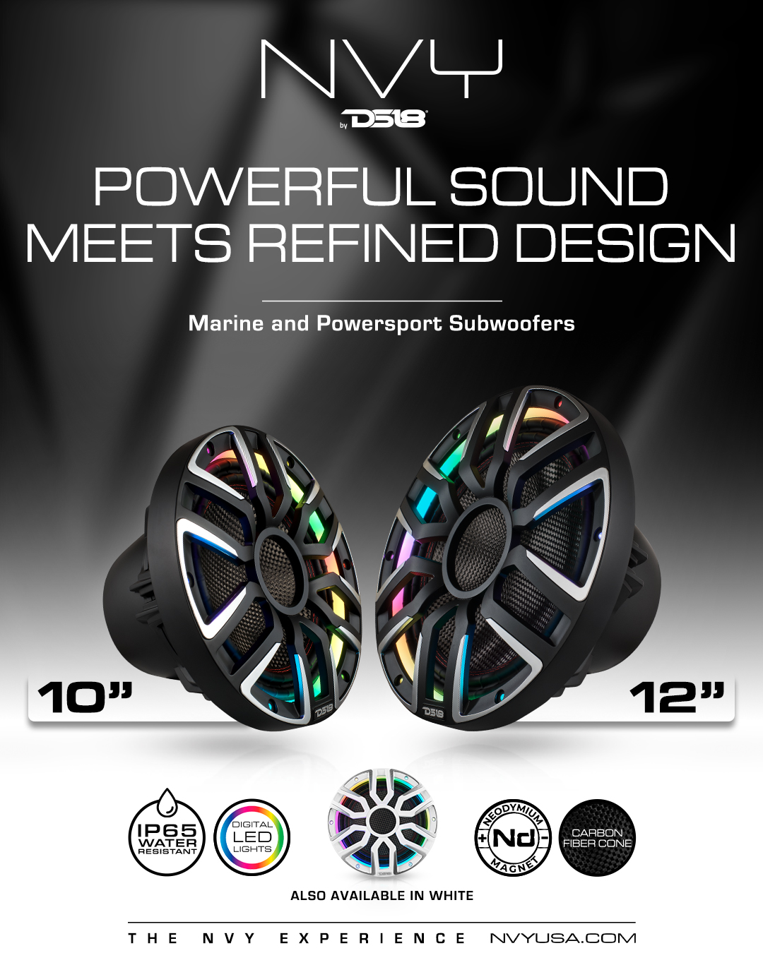 NEODYMIUM CARBON FIBER MARINE SUBWOOFERS WITH DIGITAL LED LIGHTS AND SILICONE COVERS - 12" | IP65 Rating | 800 RMS | 3" SVC 4Ohm | Black