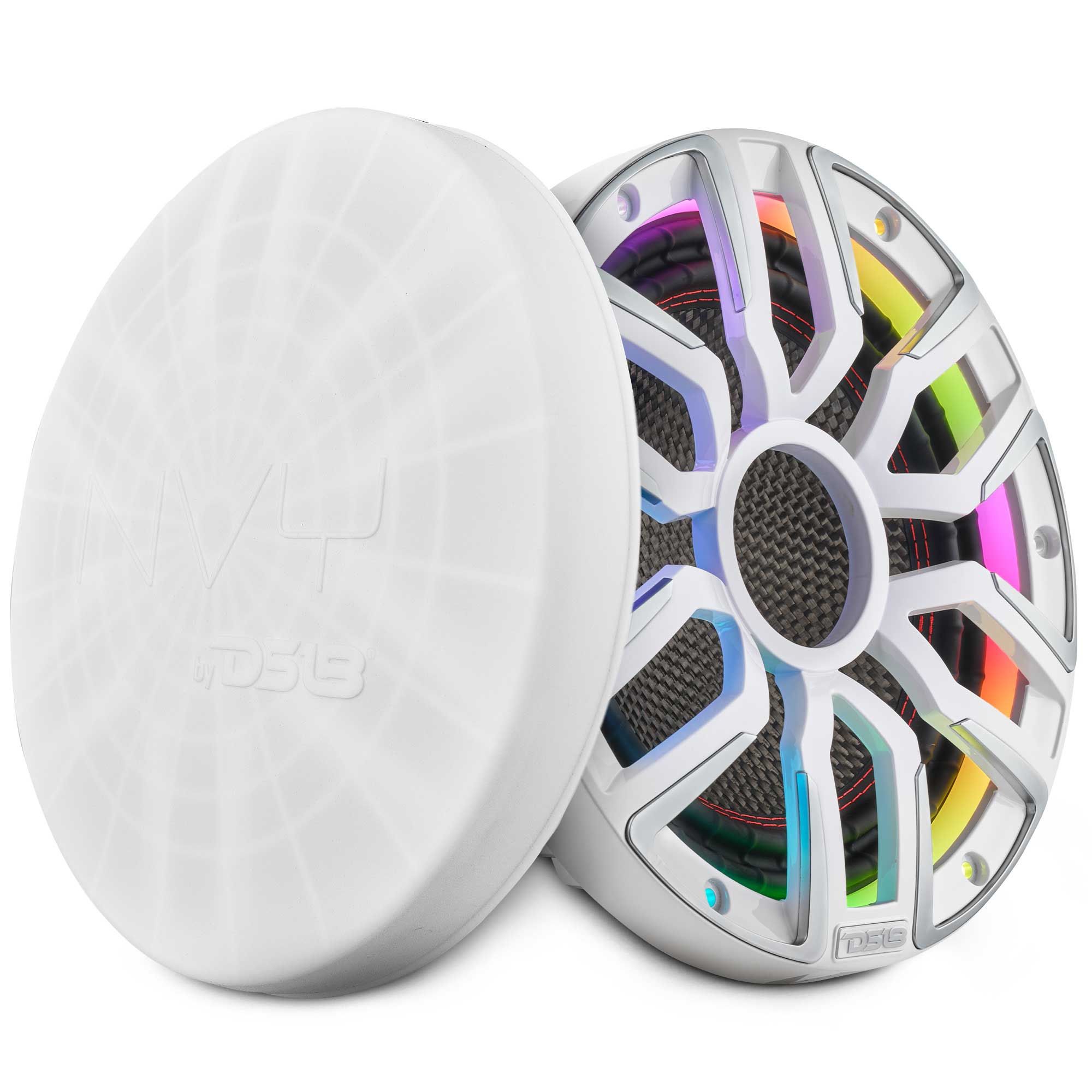 NEODYMIUM CARBON FIBER MARINE SUBWOOFERS WITH DIGITAL LED LIGHTS AND SILICONE COVERS - 12" | IP65 Rating | 800 RMS | 3" SVC 4Ohm | White