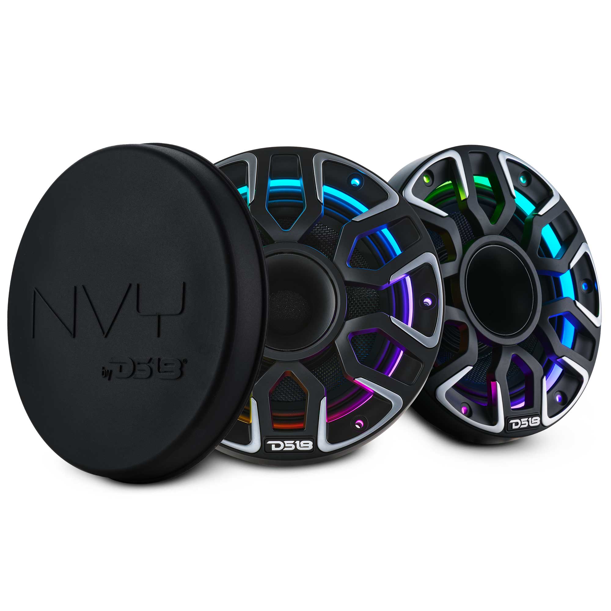 NEODYMIUM KEVLAR COAXIAL MARINE SPEAKERS WITH BUILT IN DRIVER, DIGITAL LED LIGHTS AND SILICONE COVERS - 6.5" | 2-Way | IP65 Rating | 200 Watts RMS | 4Ohm | Black