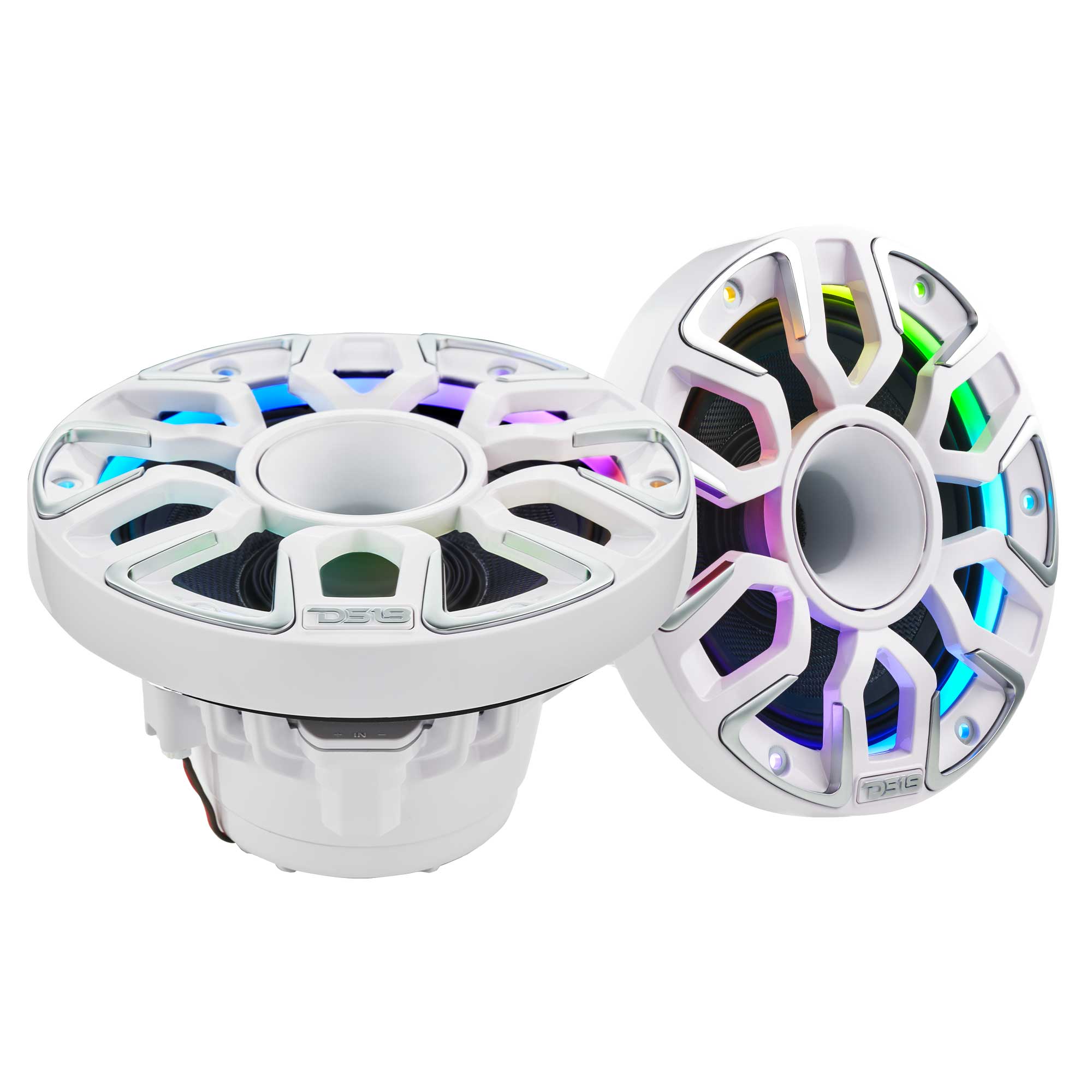 NEODYMIUM KEVLAR COAXIAL MARINE SPEAKERS WITH BUILT IN DRIVER, DIGITAL LED LIGHTS AND SILICONE COVERS - 6.5" | 2-Way | IP65 Rating | 200 Watts RMS | 4Ohm | White