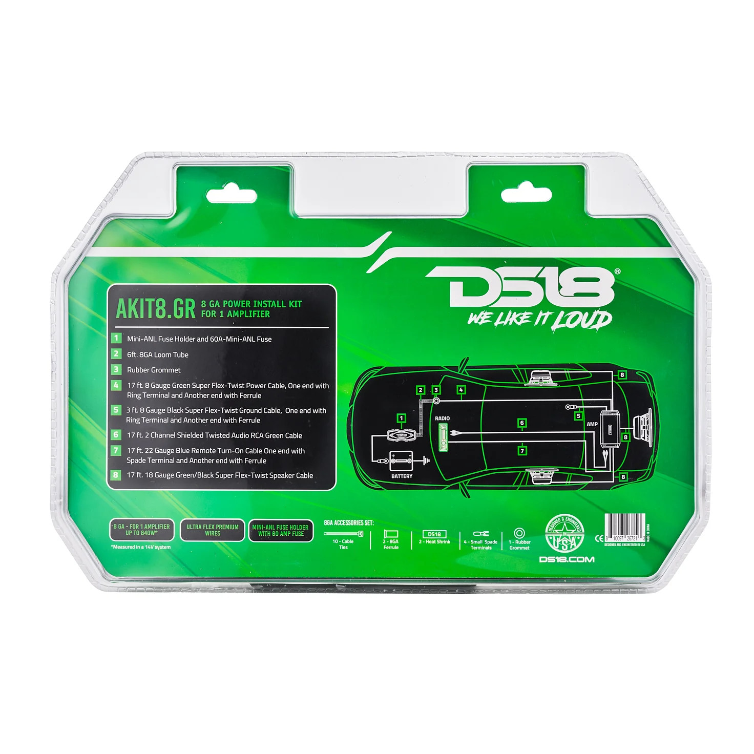 DS18 8-GA Amplifier Installation Wiring Kit - Green DS18 8-GA Amplifier Installation Wiring Kit - Green