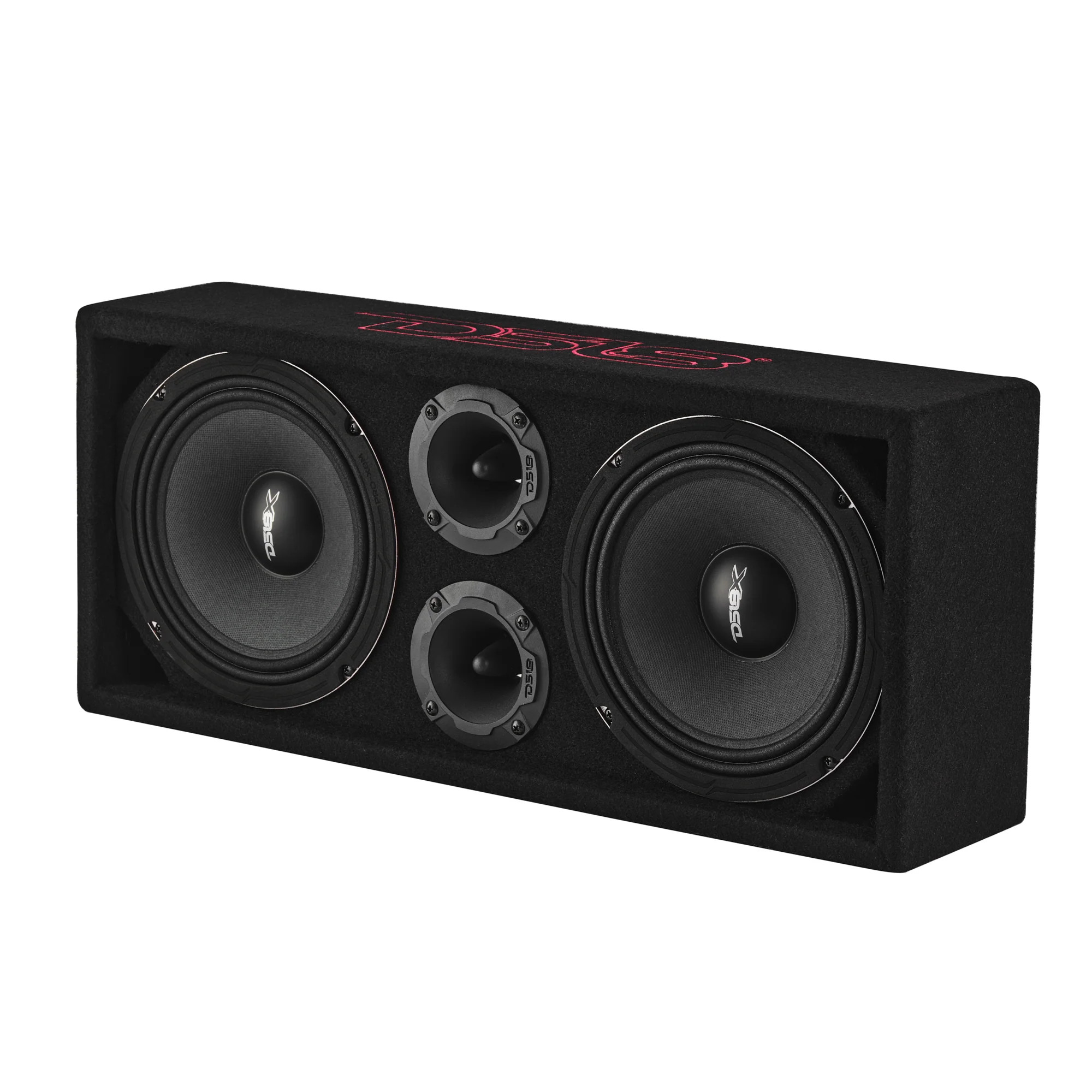 DS18 2 x 8" Mids & 2 x 3.78" Tweeters (PRO-X8M & PRO-TWX2 Included) | 1 x 4-Channel Amp (FRP-1.2K4 Included) | Ported | Speakon Cable & Terminal Included | 1/2" MDF | Black Carpet