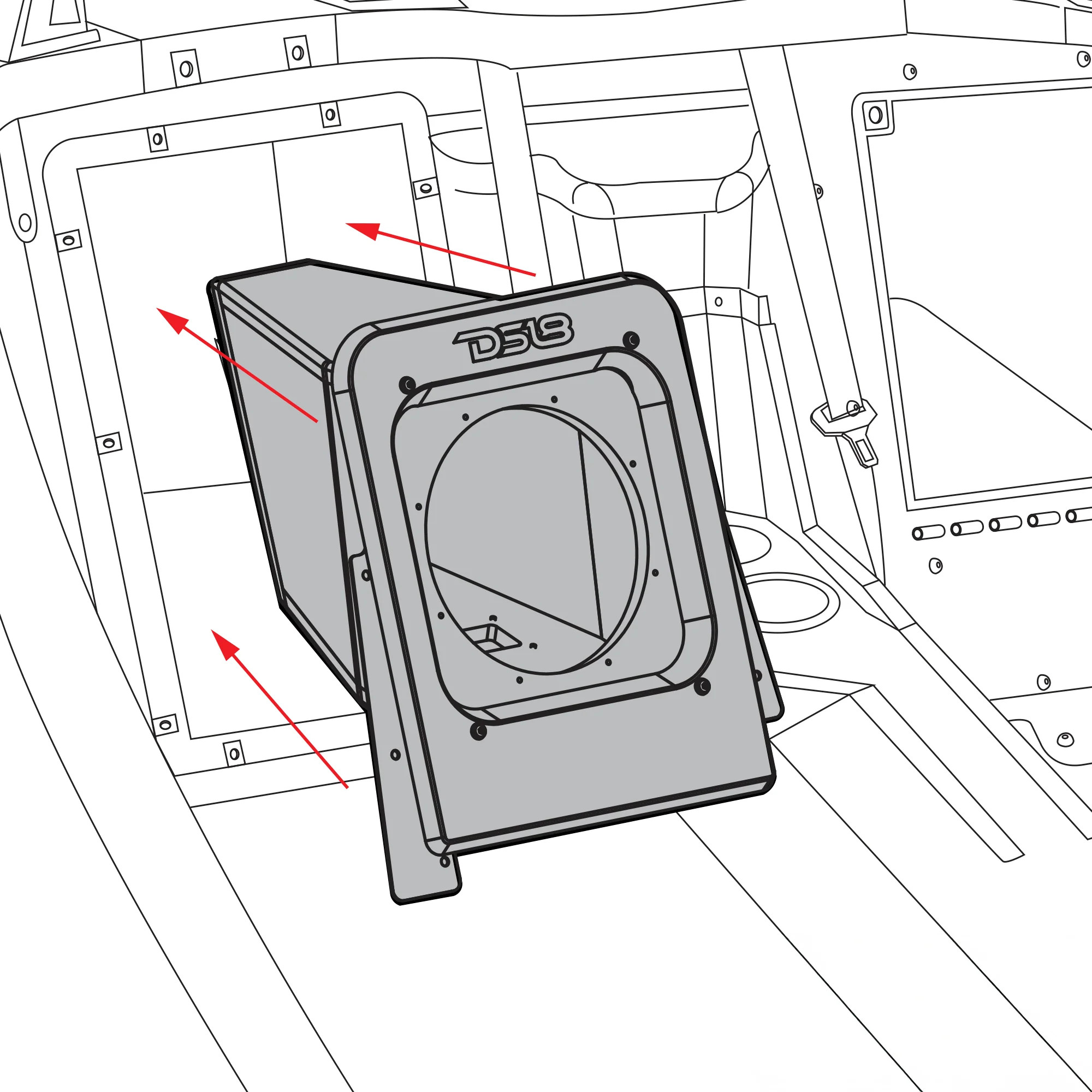 DS18 Rear Subwoofer Sealed Enclosure | Fits 10" Subwoofer | 3/4" MDF | Black Bed Liner Finish | 2015 & Up