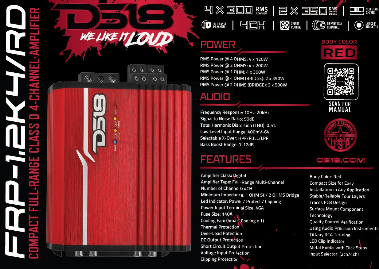 DS18 FRP Full Range Class D 4 Channel Amplifier 4 X 120 Watts Rms @ 4 OHM - RED