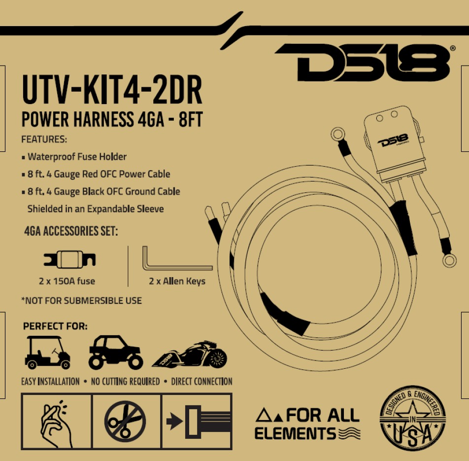 DS18 4-GA | Water Resistant Fuse Holder | 8 Ft of Power and Ground Wires | 2 Door UTV