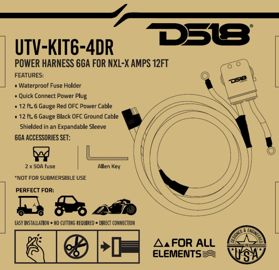 DS18 6-GA | Water Resistant Fuse Holder | 12 Ft of Power and Ground Wires | 4 Door UTV
