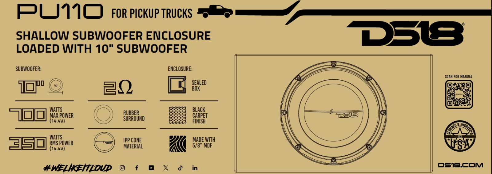 DS18 10" Shallow Subwoofer Sealed Enclosure for pick-up trucks 350 Watts RMS @ 2 OHM