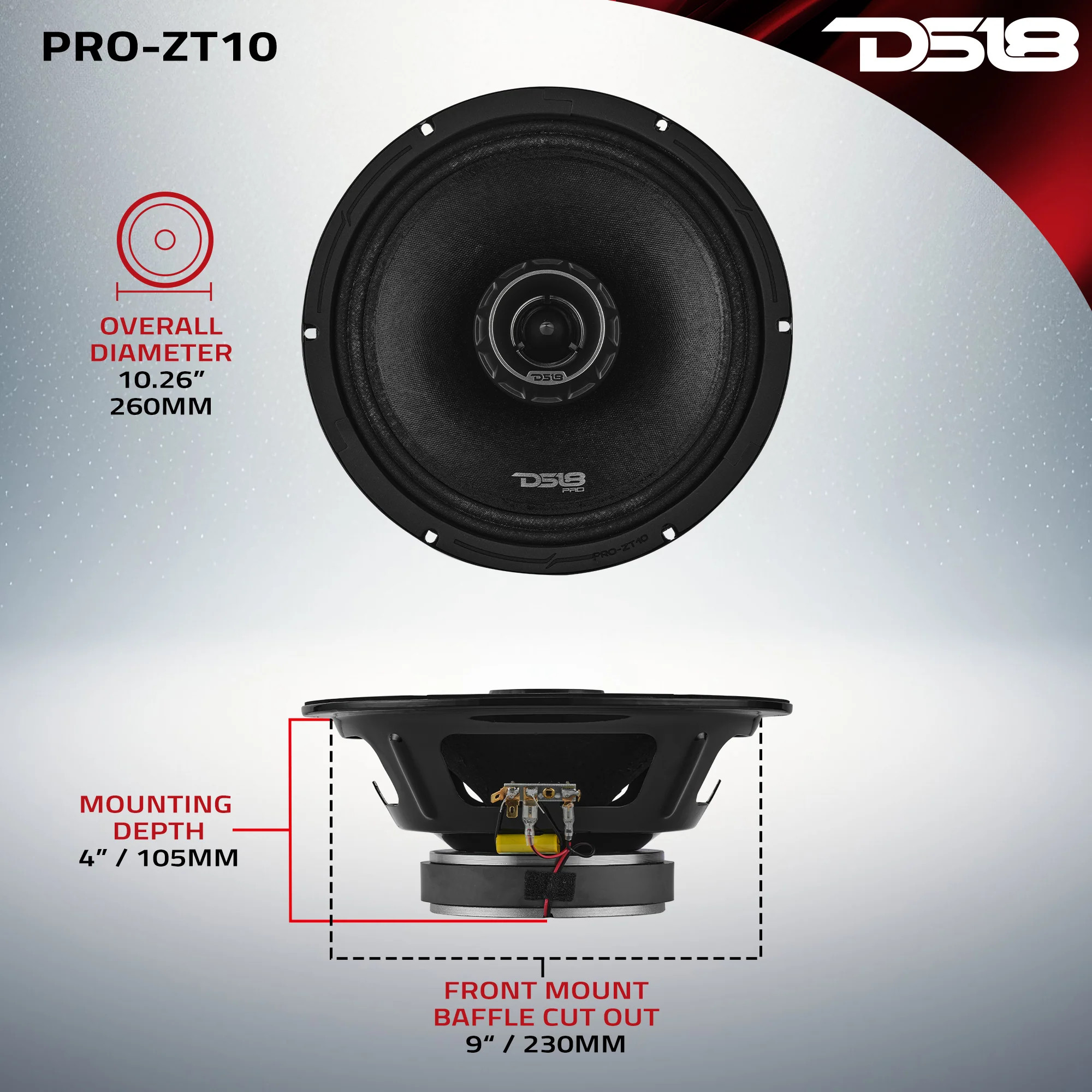 DS18 PRO-ZT 10" Coaxial Mid Range Loudspeaker with Water Resistant Cone Built in Bullet Tweeter and Grill with Cloth Shade 300 Watts RMS @ 4 OHM - IP65