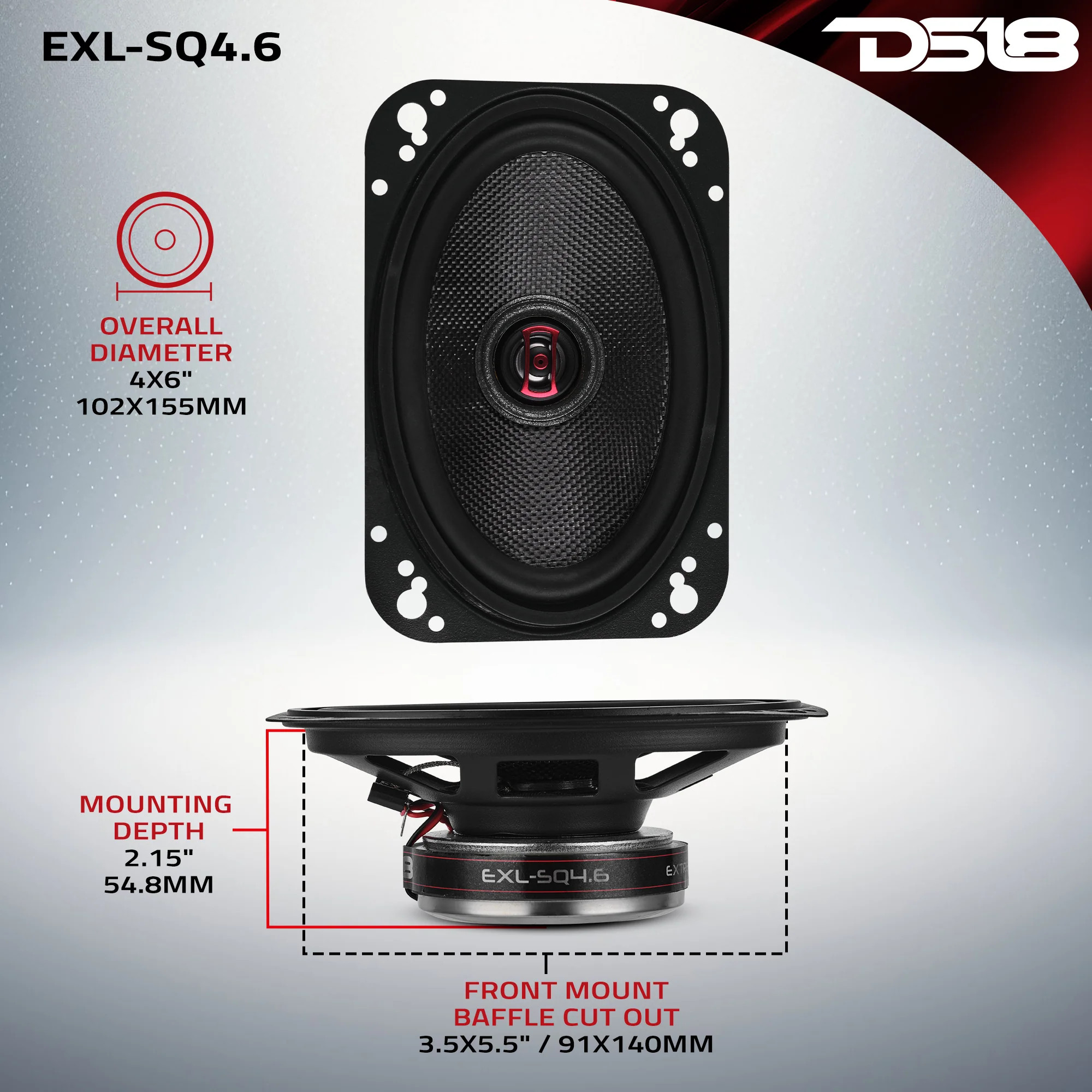 DS18 EXL 4X6" 2-Way Coaxial Speaker with Fiber Glass Cone 60 Watts Rms 3-Ohm