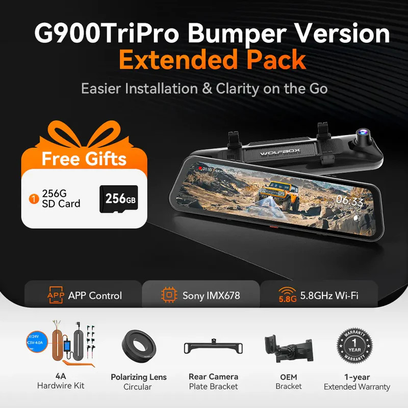 WOLFBOX G900 TriPro Bumper Version 3 Channel Rearview Mirror
