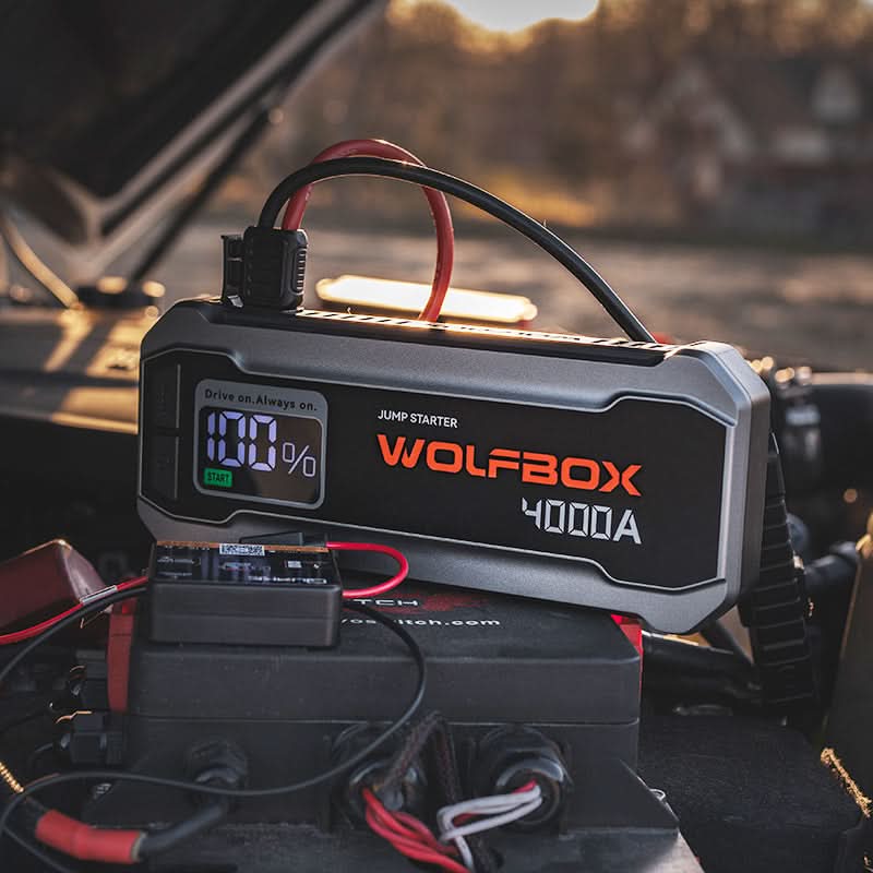 WOLFBOX Cordless Portable Car Battery Jumper 4000A(peak), with 65W Quick Charger, LED Display, 24000mAh Power Pack with Booster, LED Light, Jumper Cables