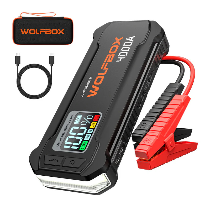 WOLFBOX Cordless Portable Car Battery Jumper 4000A(peak), with 65W Quick Charger, LED Display, 24000mAh Power Pack with Booster, LED Light, Jumper Cables
