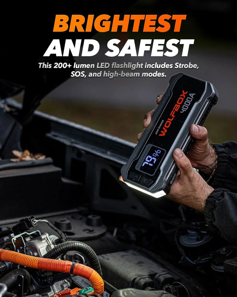 WOLFBOX Cordless Portable Car Battery Jumper 4000A(peak), with 65W Quick Charger, LED Display, 24000mAh Power Pack with Booster, LED Light, Jumper Cables