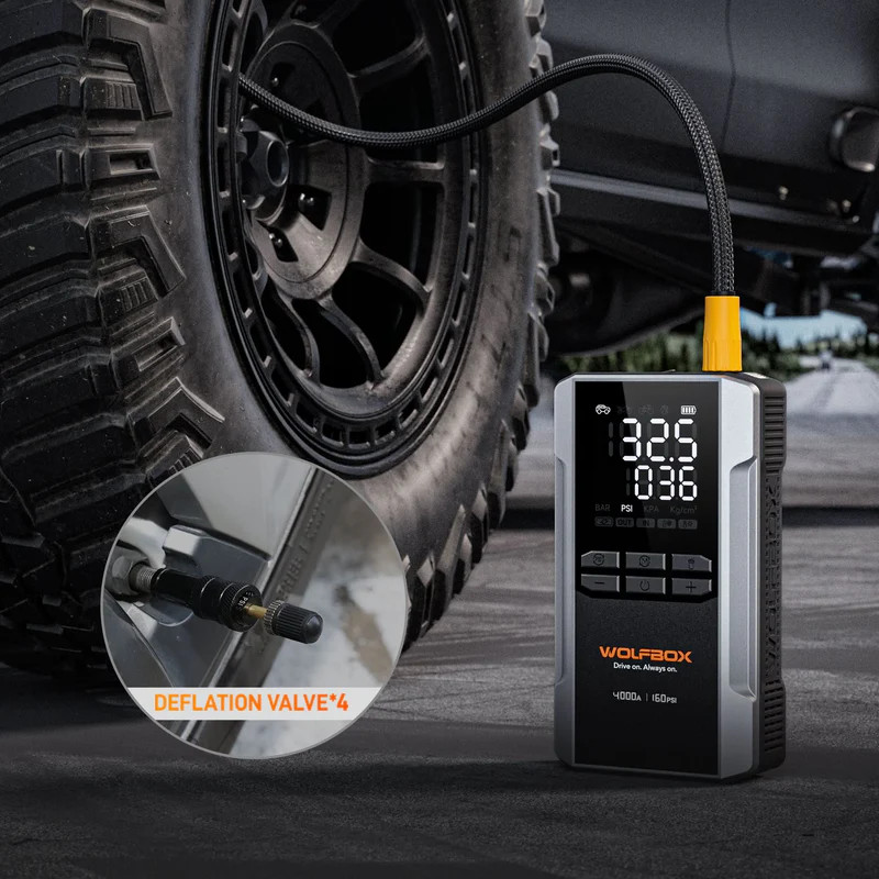 WOLFBOX 4000A Jump Starter with 160PSI Air Compressor, 12V Car Battery Booster, 65W Fast Charge, 88.8Wh Portable Tire Inflator, LED Display for 10L Gas & 10L Diesel Engines, LED Light, Jumper Cables