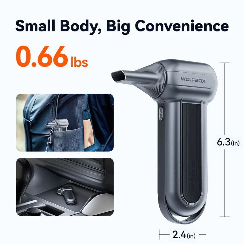 Wolfbox Turbo Fan Air Duster 150,000 RPM, 190 MPH, 70 CFM, 6000mAh battery and 100 minutes run time (low) MF100