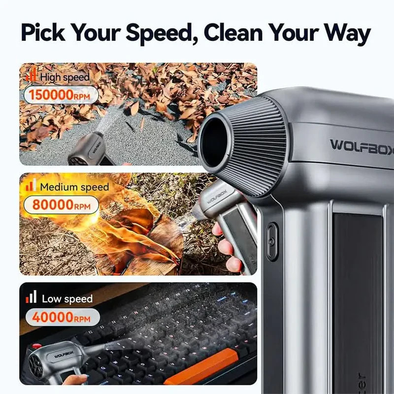 Wolfbox Turbo Fan Air Duster 150,000 RPM, 190 MPH, 70 CFM, 6000mAh battery and 100 minutes run time (low) MF100
