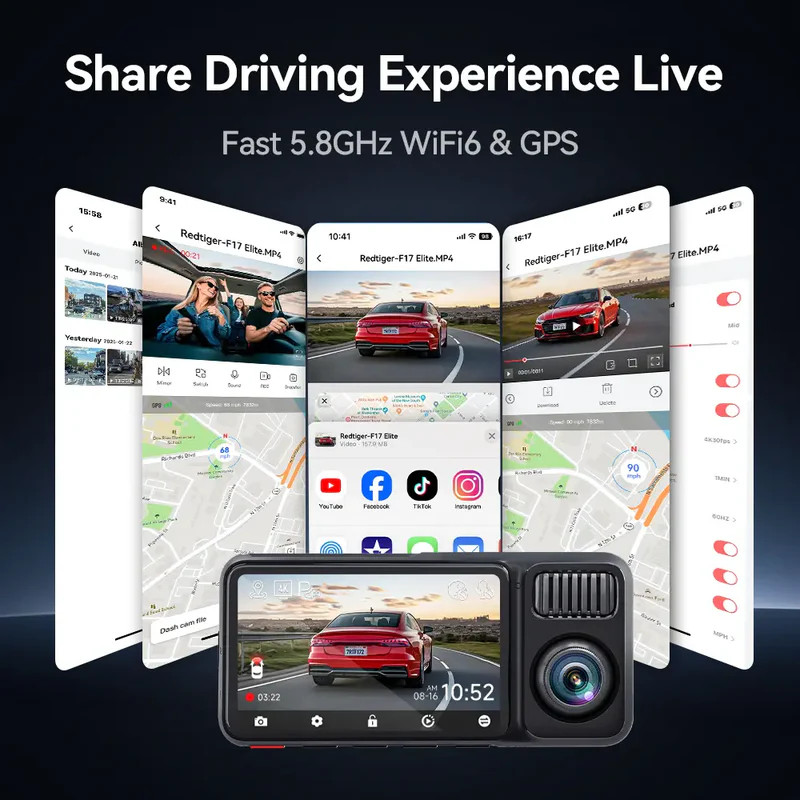 REDTIGER F17 Elite 4K 3 Channel Dash Cam Sony STARVIS 2 Dual HDR WIFI 6 Full Night Color