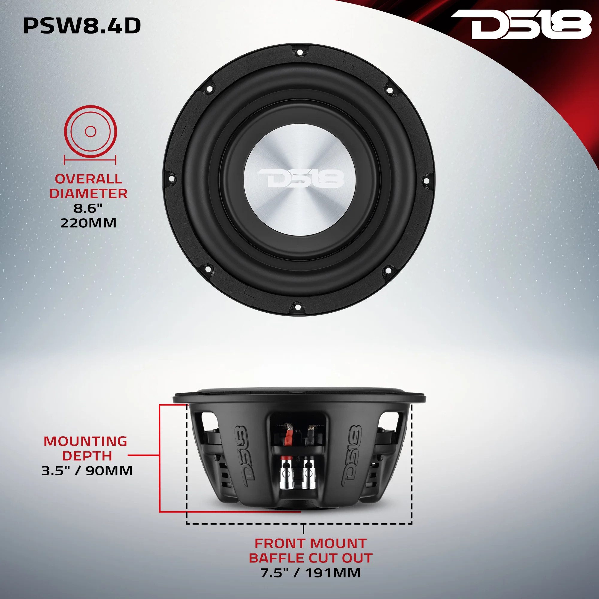 DS18 PS Shallow-Mount Water-Resistant 8" Subwoofer | 400W RMS DVC 4-Ohm