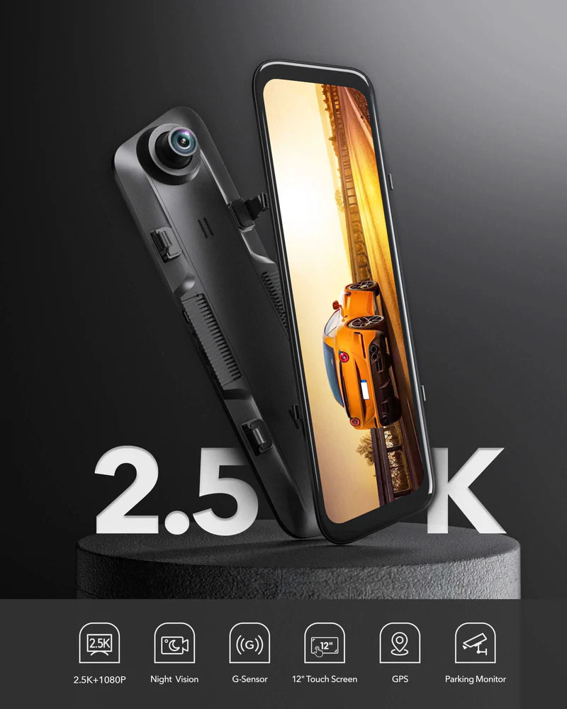 WOLFBOX G840H-L WOLFBOX G840H 12'' Mirror Dash Cam with 5.8GHz WiFi, 2.5K Mirror Camera with 1080P Rear Camera, ADAS and BSD, Voice, Included 32GB Card & GPS