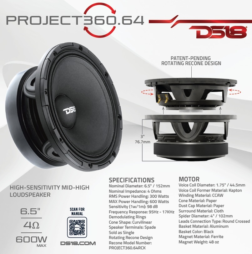 DS18 COMPETITION GRADE PRO 6.5" MID-HIGH LOUDSPEAKER WITH PATENT PENDING ROTATING RECONE DESIGN - 300W RMS - 600W MAX - 4 OHM