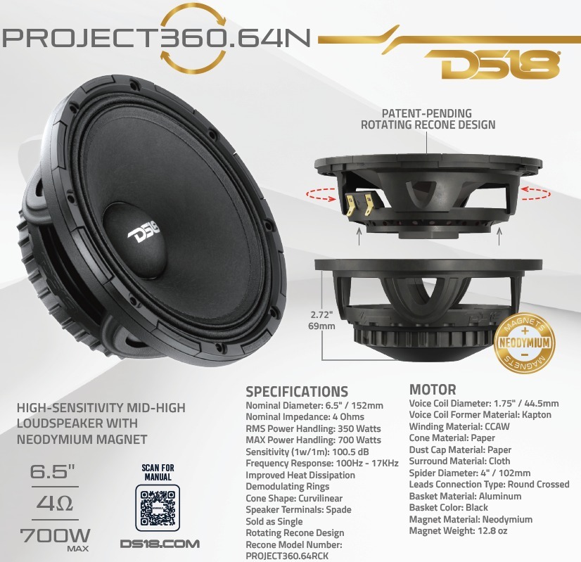 DS18 COMPETITION GRADE PRO 6.5" MID-HIGH LOUDSPEAKER WITH PATENT PENDING ROTATING RECONE DESIGN - 350W RMS - 700W MAX - 4 OHM - NEODYMIUM MAGNET
