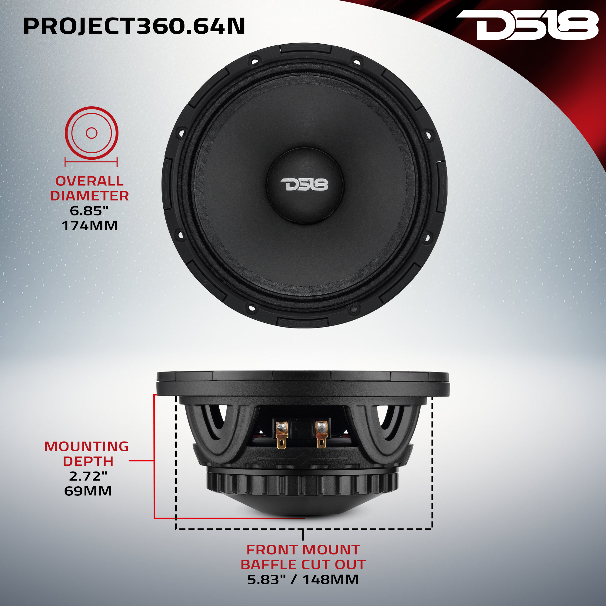 DS18 COMPETITION GRADE PRO 6.5" MID-HIGH LOUDSPEAKER WITH PATENT PENDING ROTATING RECONE DESIGN - 350W RMS - 700W MAX - 4 OHM - NEODYMIUM MAGNET