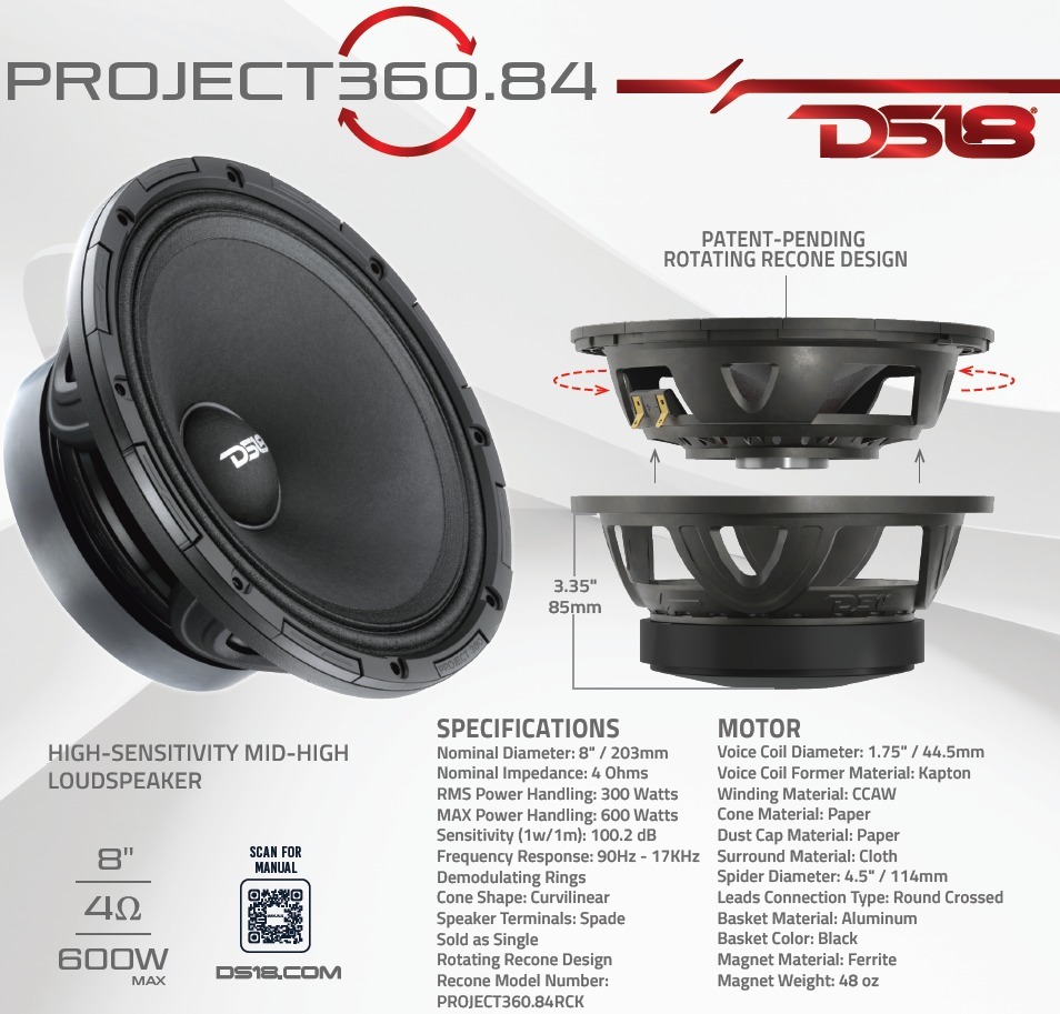 DS18 COMPETITION GRADE PRO 8" MID-HIGH LOUDSPEAKER WITH PATENT PENDING ROTATING RECONE DESIGN - 300W RMS - 600W MAX - 4 OHM