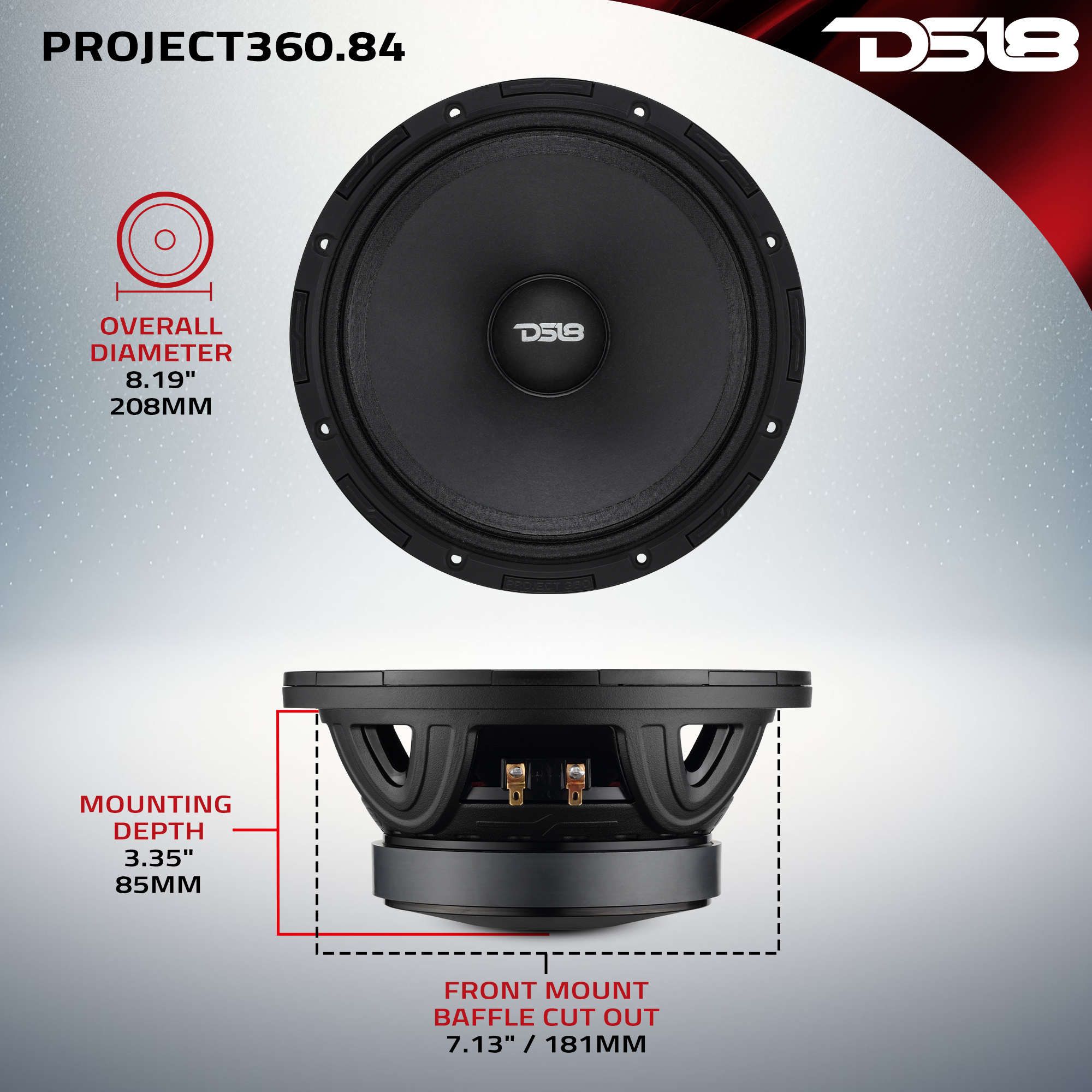 DS18 COMPETITION GRADE PRO 8" MID-HIGH LOUDSPEAKER WITH PATENT PENDING ROTATING RECONE DESIGN - 300W RMS - 600W MAX - 4 OHM