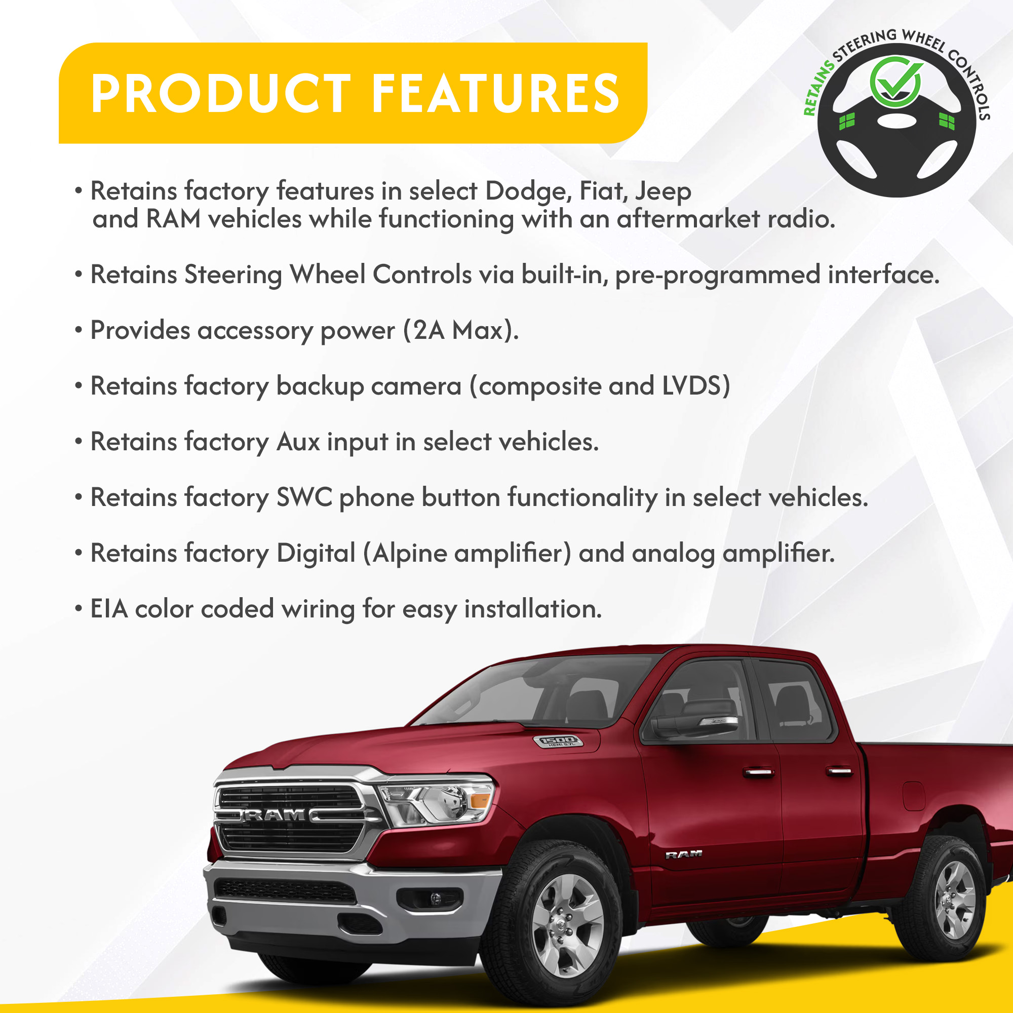 CRUX Radio Replacement with SWC & Digital Camera Retention for Select Dodge, Fiat, Jeep & Ram Vehicles 2018 - Up