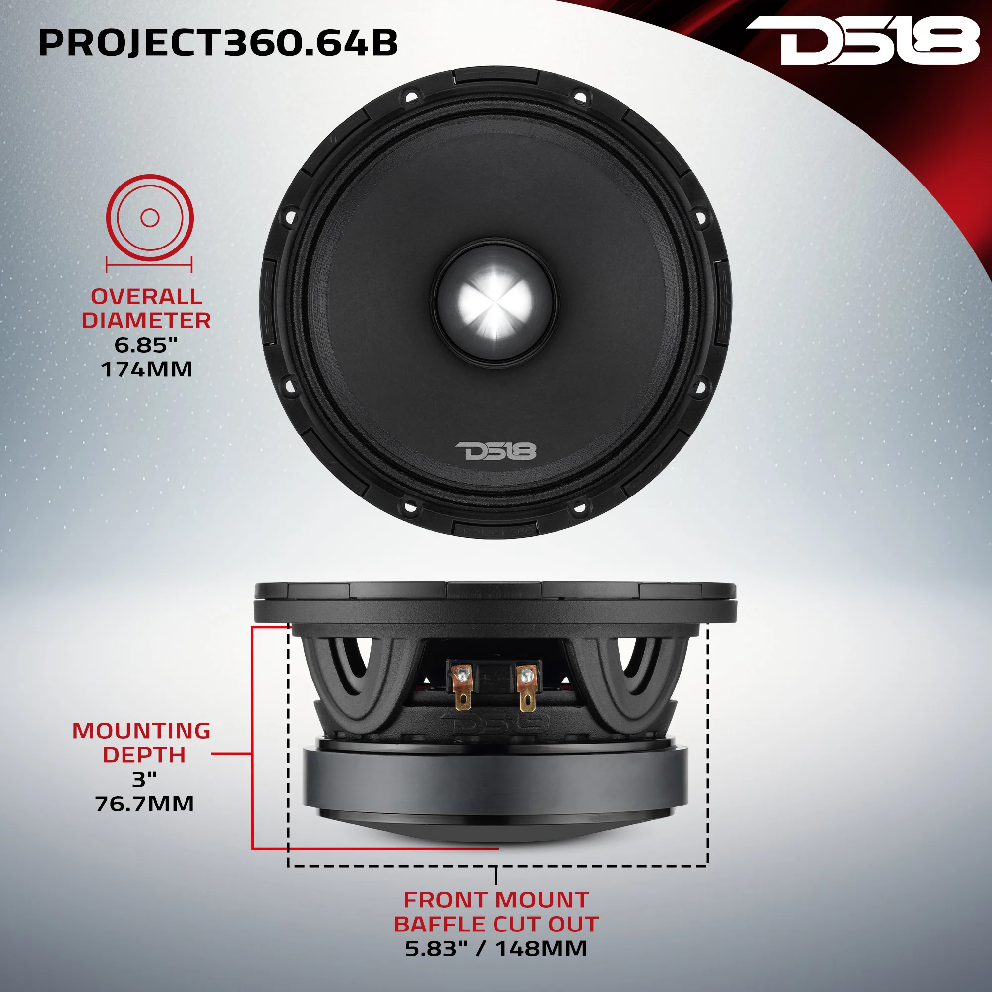 DS18 PROJECT360 6.5" Mid-High 98 dB Loudspeaker - 300W RMS 4-Ohm w/Bullet- Rotating Recone Design For Quick Repair