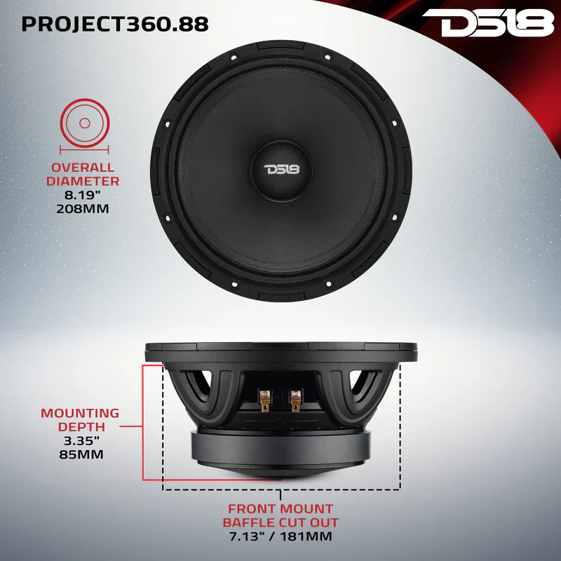 DS18 PROJECT360 8? Mid-High 98 dB Loudspeaker - 300W RMS 8-Ohm - Rotating Recone Design For Quick Repair