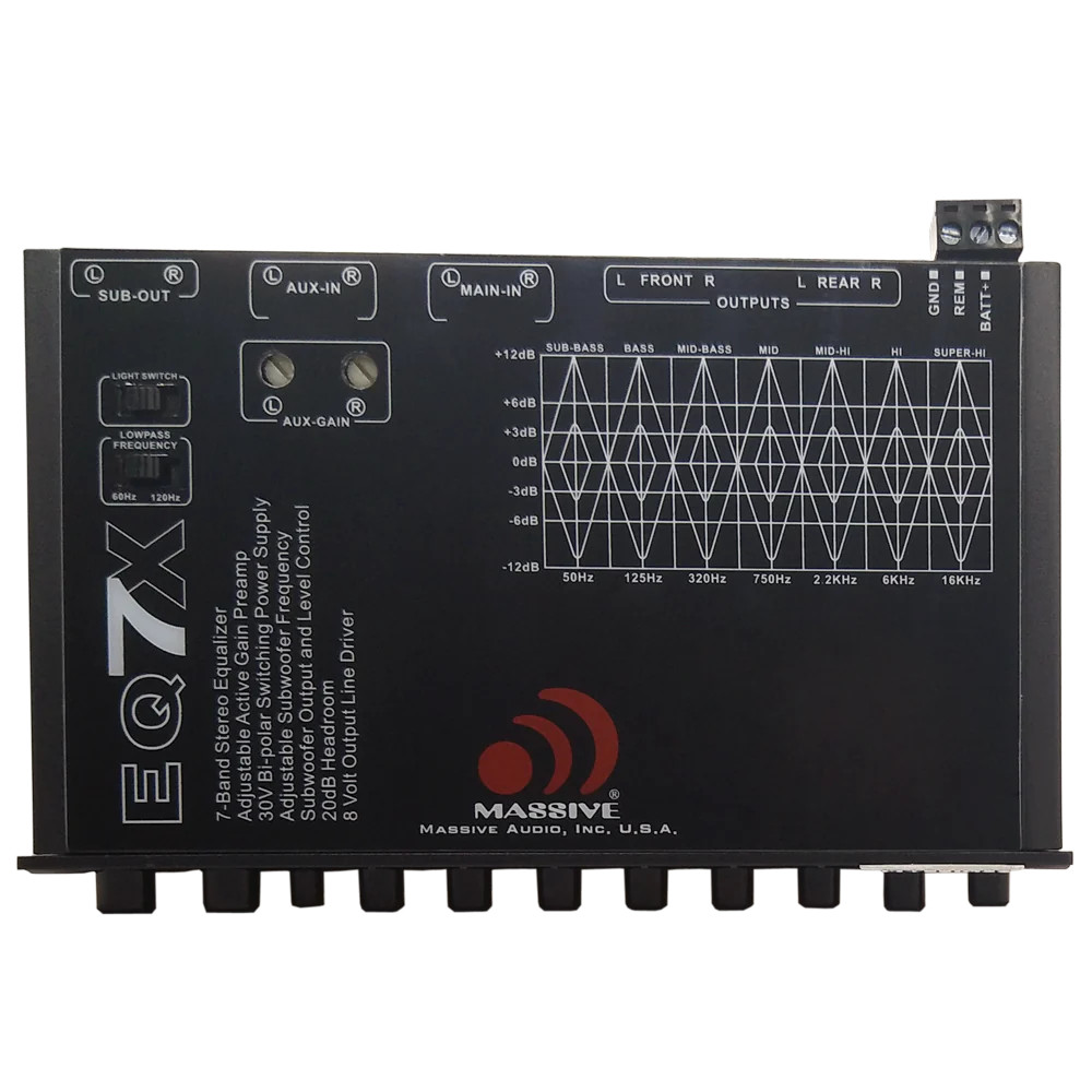 MASSIVE AUDIO 1/2 DIN 7 BAND STEREO EQUALIZER, 8V LINE DRIVER, AUX INPUT, ATO