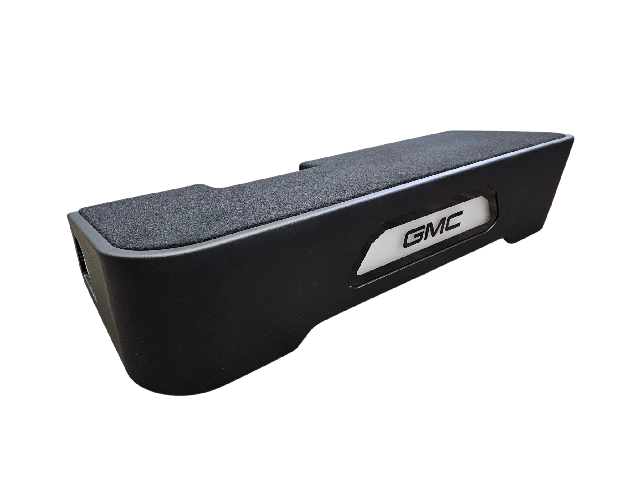 BASS-MAXX LEVEL 4 PRO SERIES DUAL 10" GMC / CHEVROLET TRUCK 2019-2026 UP CREW CAB - ROUNDED CORNERS, VINYL WRAPPED WITH DURABLE CARPET TOP AND BOTTOM, ACRYLIC HINTERS, CHASING LED LIGHTING BUILT IN - VENTED - BLACK VINYL - GMC LOGO