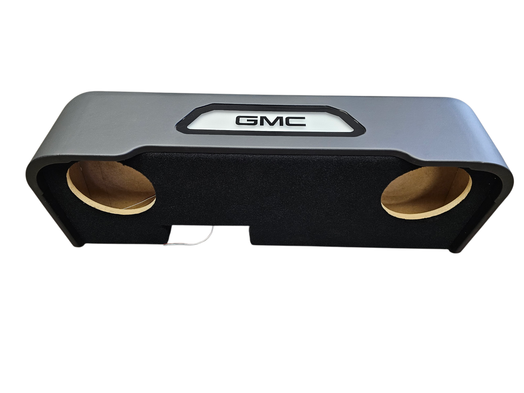 BASS-MAXX LEVEL 4 PRO SERIES DUAL 10" GMC / CHEVROLET TRUCK 2019-2026 UP CREW CAB - ROUNDED CORNERS, VINYL WRAPPED WITH DURABLE CARPET TOP AND BOTTOM, ACRYLIC HINTERS, CHASING LED LIGHTING BUILT IN - VENTED - BLACK VINYL - GMC LOGO