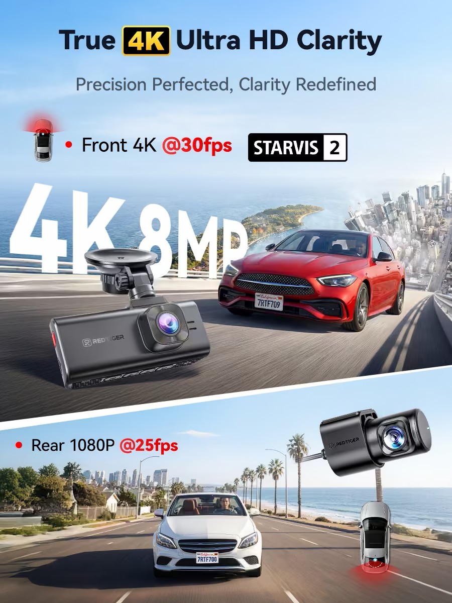 REDTIGER 4K Dash Cam Front and Inside Rear, Touch Screen 3.18 Inch, Voice Control, 5.8GHz WiFi Car Dash Camera with 128GB Card, GPS, UHD 2160P Night Vision, WDR, Emergency Lock, Parking Monitor*, suction cup