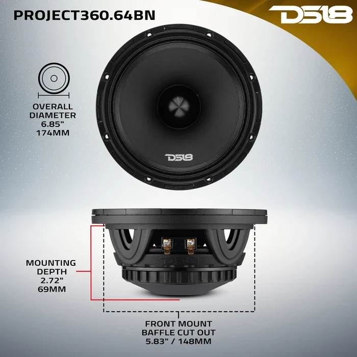 DS18 PROJECT360 6.5" High-Sensitivity Mid-High Loudspeaker With Neodymium Magnet and Bullet - 350W RMS 4-Ohm - Rotating Recone Design For Quick Repair