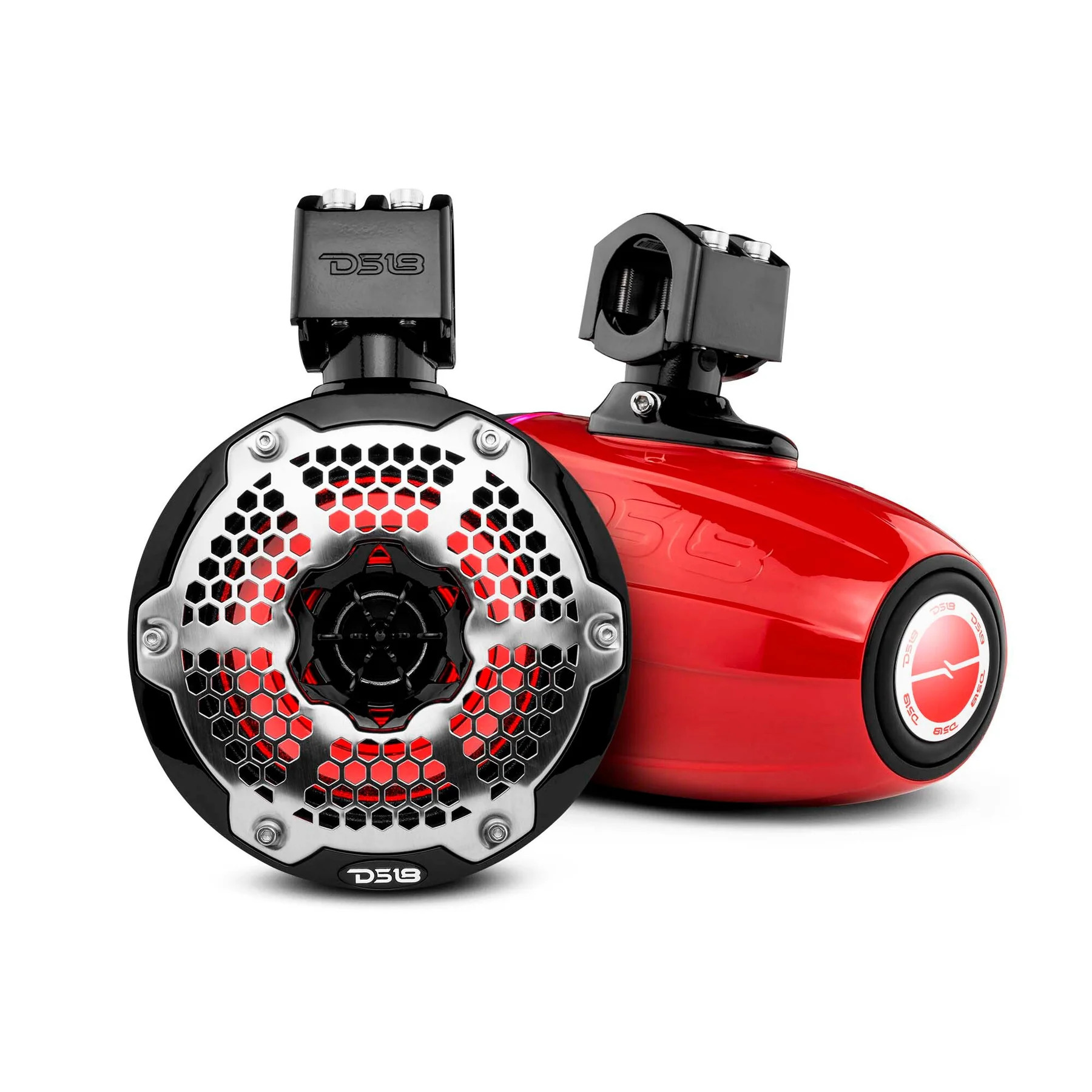 DS18 HYDRO 6.5" NEODYNIUM MARINE TOWERS WITH BUILT IN PASSIVE RADIATOR, 1" DRIVER AND RGB LED LIGHTS - 450 WATTS - RED