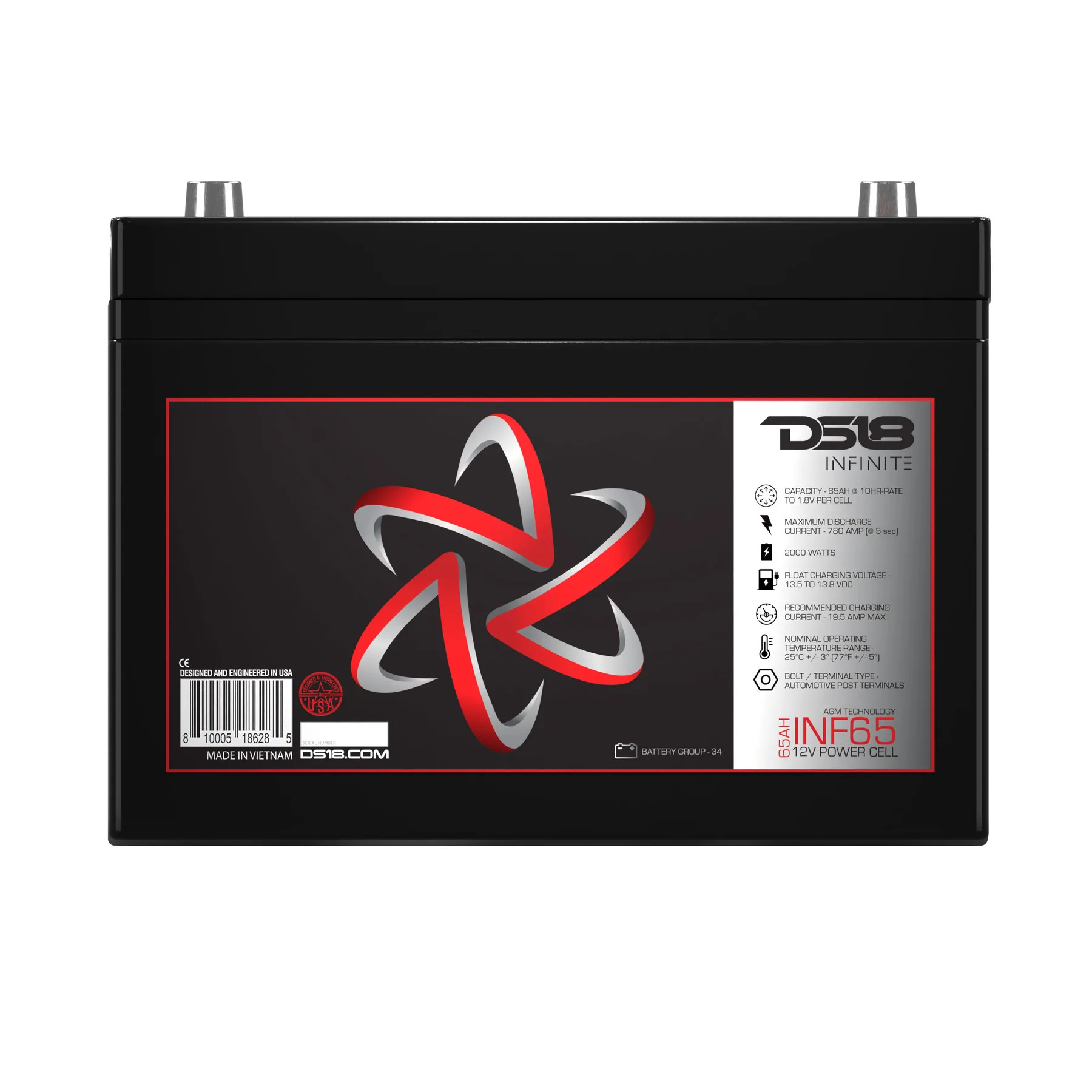DS18 INFINITE 65 AH AGM Power Cell 12 Volt Battery