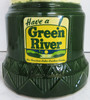 Green River porcelain syrup dispenser with glass and gallon syrup bottle
