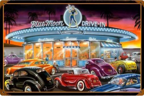 Blue Moon Drive In, Automotive, Metal Sign, 36 X 24 Inches