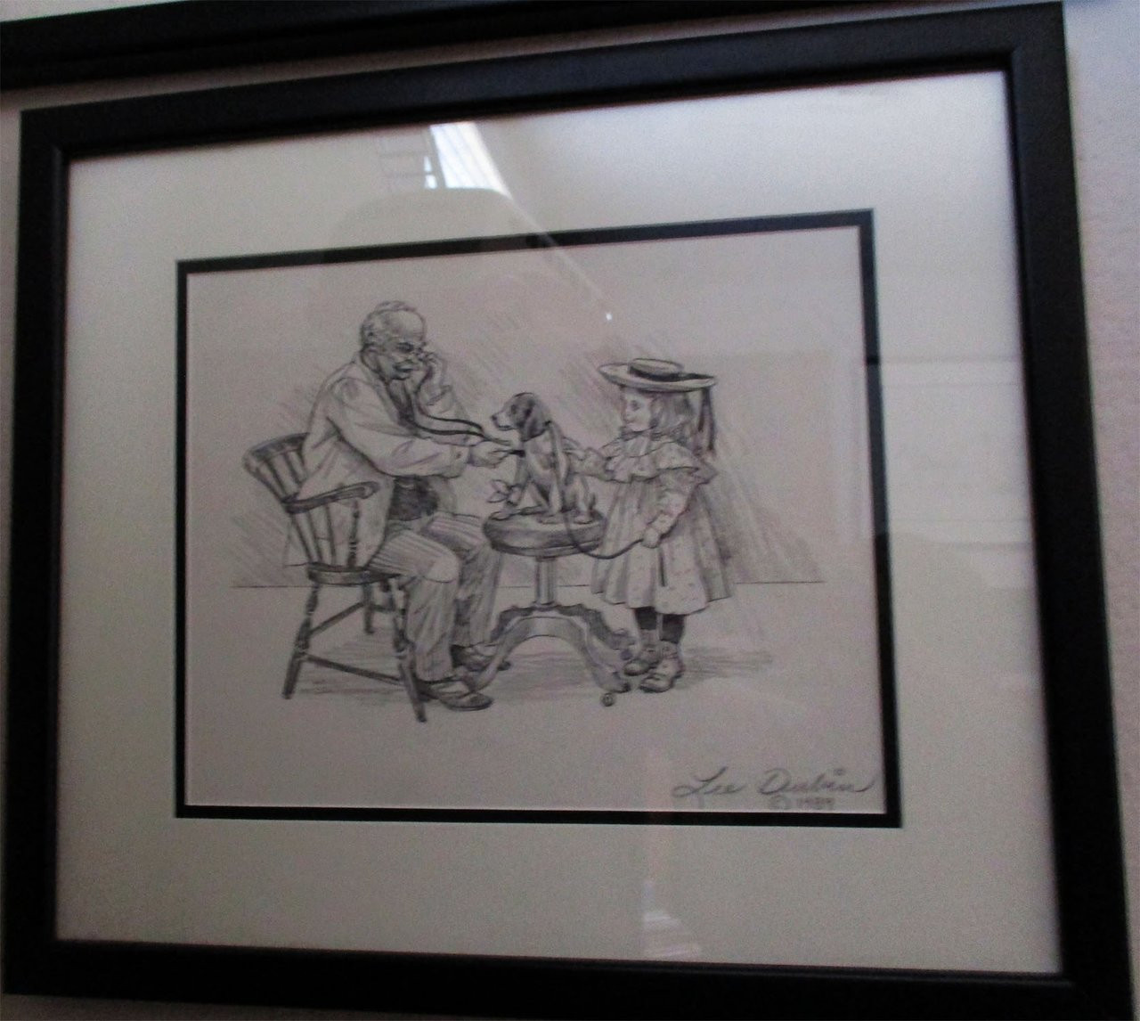 Lee dubin framed original pencil sketch puppys visit doctors office
