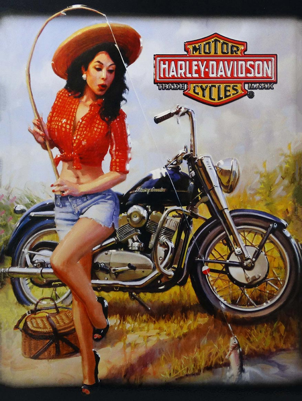 Gone Fishing Pin-Up Harley Davidson Metal Sign - American Collectibles