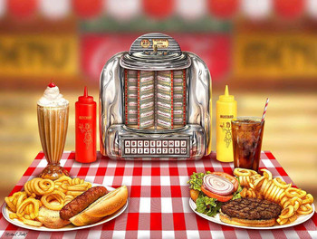 Diner Food with Select-o-matic, Man Cave Art by Michael Fishel Round Metal Sign Diner Food with Select-o-matic, Man Cave Art by Michael Fishel Round Metal Sign
