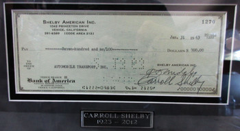 Carroll Shelby Framed Autograph Check #1270 dtd Jan 31 1963