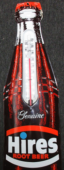 Hires Root Beer Bottle Shape Thermometer Metal Sign 29" circa 1950's