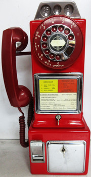 AE Pay Telephone 1950's Operational Red Coil Line, Hand Set, Dial Face