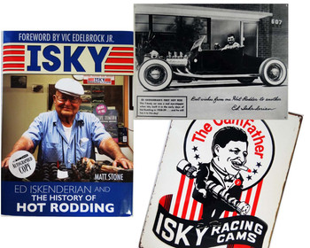 Ed Iskenderian "Isky" History of Hot Rodding Autographed Book with Camfather and Hot Rod Metal Sign